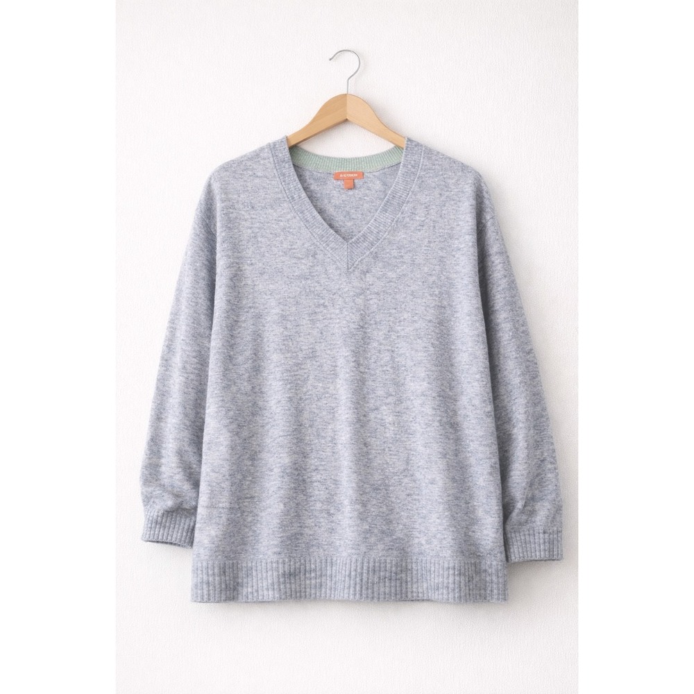 Women's Plus Wool X Sweater Blue Gray Cozy Oversized Soft Knit V Neck